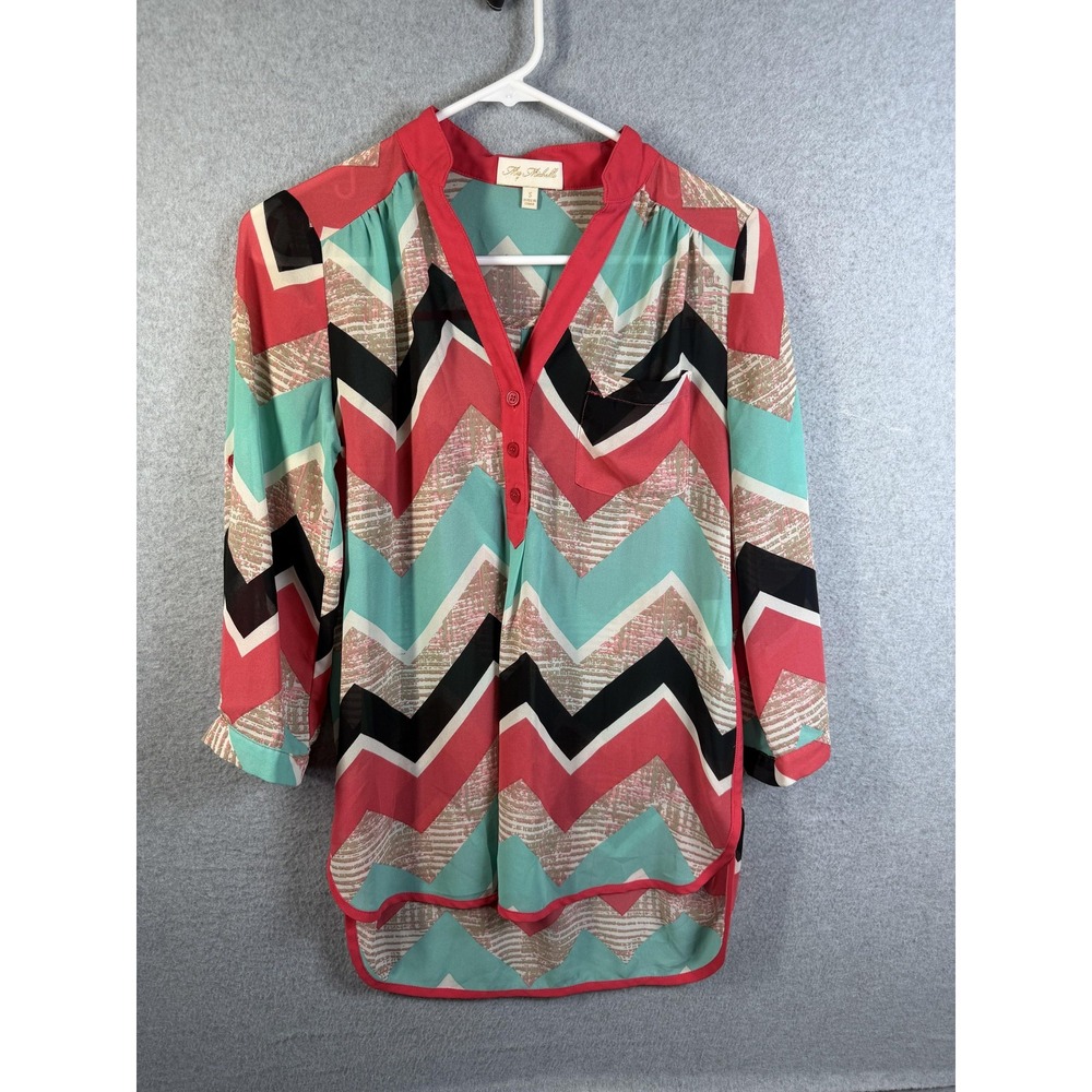 My Michelle Blouse Womens Small Multicolor Chevron Henley Roll Tab Tunic Top